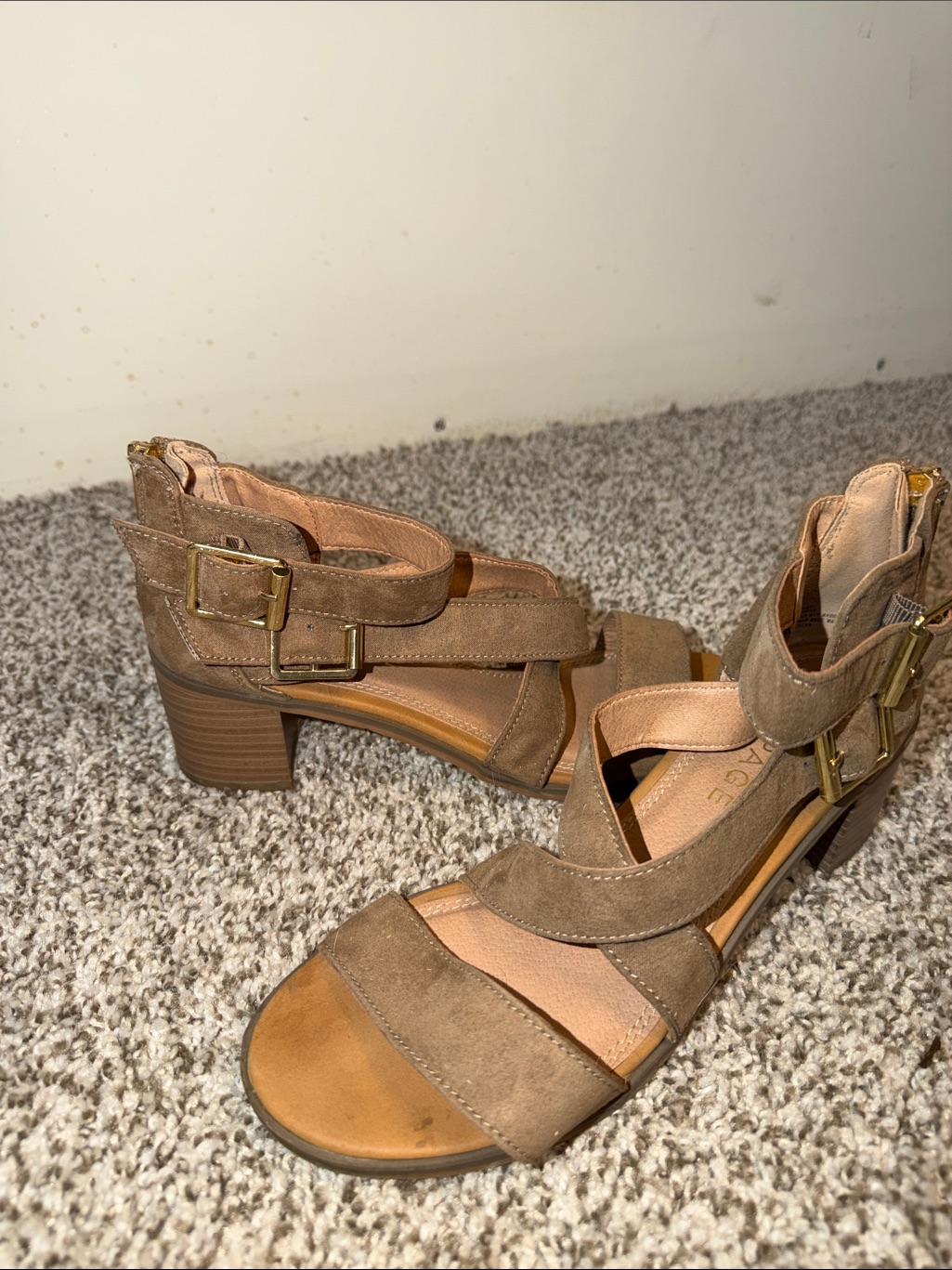 Suede Block Heel Sandals With Buckle - Tan Women’s 8.5